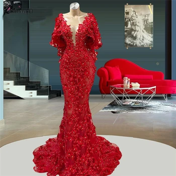 Dubaj Dizajn Cape Rukávy Čipky Červená Morská Víla Večerné Šaty Dlhé Formálne Šaty 2023 Sexy Tvaru Plus Veľkosť Party Šaty Na Ples