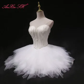 AnXin SH princezná biele pierko čipky Módne krátke svadobné šaty strany lištovanie crystal bez ramienok fáze nevesty biele Šaty