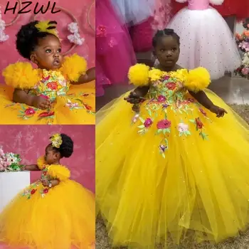 Žltá Plesové Šaty, Perlové Kvetina Dievča Šaty Pre Svadobné Appliqued Sprievod Šaty Krátke Rukáv Tylu Sequined Deti Narodeniny Šaty