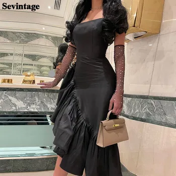 Sevintage Black Bodycon Asymetrické Šaty Ples Špagety Popruh Teffeta Midi Večerné Šaty Saudskej Arabské Ženy Formálne Šaty