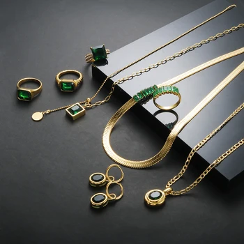 Trend Green Crystal Kolekcia Šperkov Nastaviť Nehrdzavejúcej Ocele Reťazca Cubic Zirconia Kúzlo Náramok, Náhrdelník Krúžok Náušnice pre Ženy